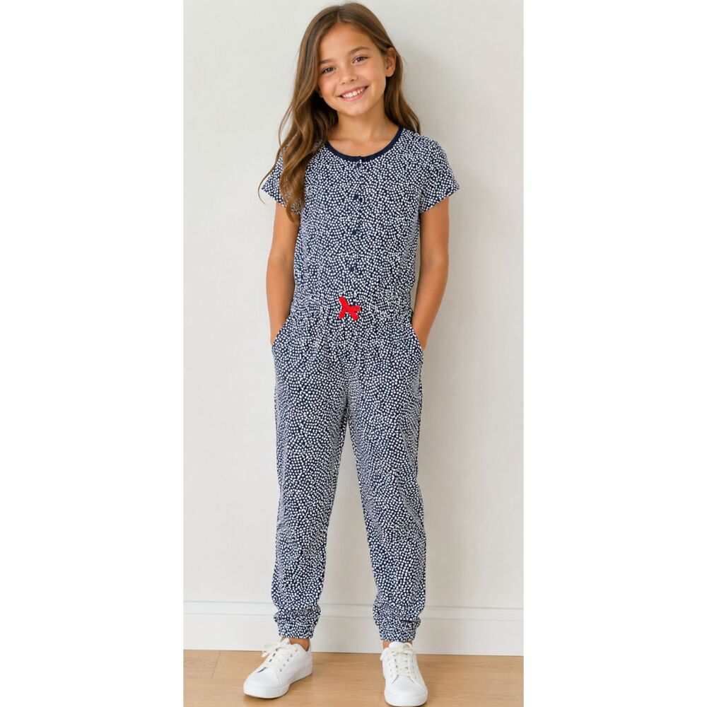 New Gap Kids Short Sleeve Heart Print Navy Blue Jumpsuit Girls Size 8-9 Medium